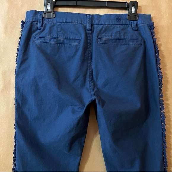 Tory Burch | Fringe Trim Side Stripe Cropped Chino Pants Navy Sea Size 27 - Picture 10 of 15